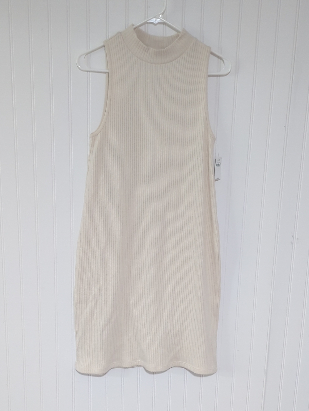 Sleeveless Rib-Knit Mock Neck Dress in Cream